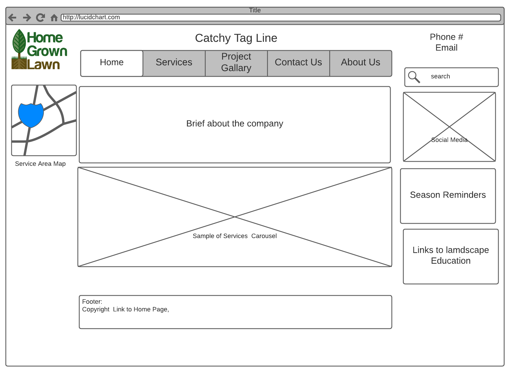 Wire Frame of Home Grown Lawns Home Page